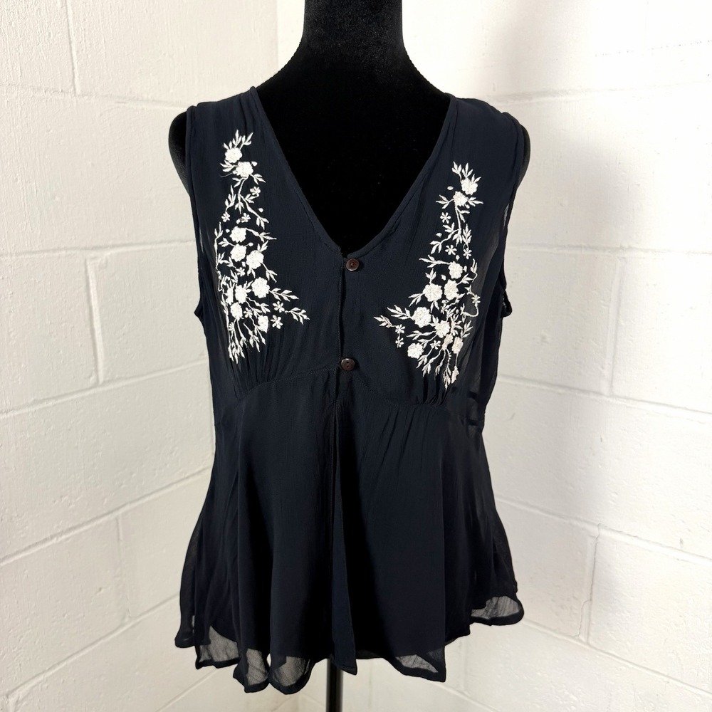 Sheer Sleeveless Babydoll Top Blue Embroidered Floral‎ Y2K Fairy Ethereal SZ M/L